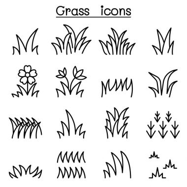 İnce çizgi stilinde çim Icon set
