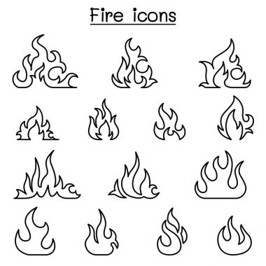 Icon set ince çizgi stili içinde ateş