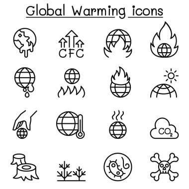İnce çizgi stlye küresel ısınma Icon set
