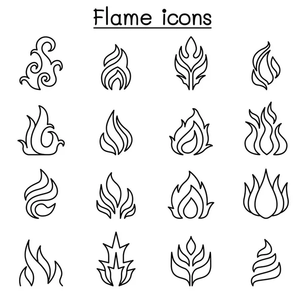 Flame, fire icon set in thin line style — Stock Vector