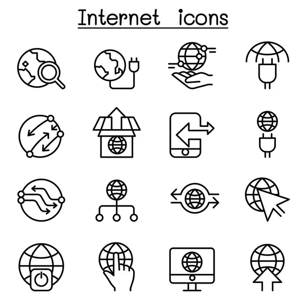 Internet, Conexión, En línea, icono de red establecido en estilo de línea delgada — Archivo Imágenes Vectoriales