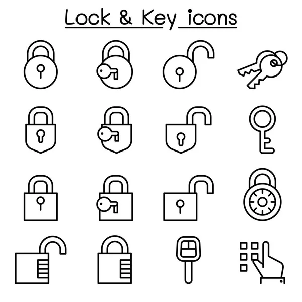 Icono de seguridad, bloqueo y llave configurado en estilo de línea delgada — Vector de stock