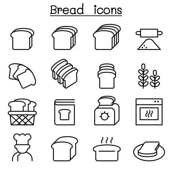 Pan, pan, panadería y pastelería icono conjunto en estilo de línea delgada — Vector de stock