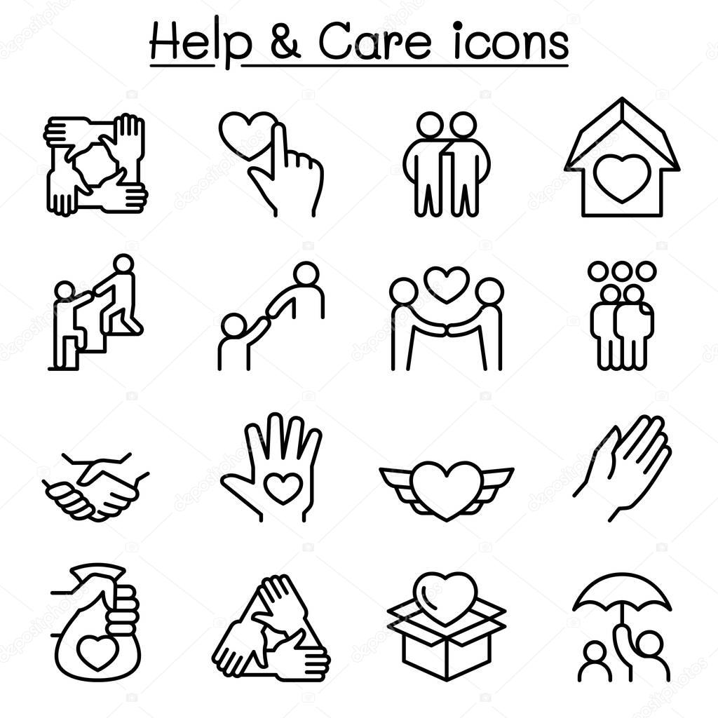 Help, care, Friendship, Generous & Charity icon set in thin line