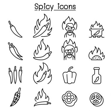 İnce çizgi stilinde acılı ve baharatlı Icon set