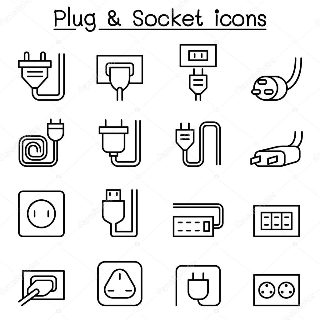 Plug & Socket icon set in thin line style