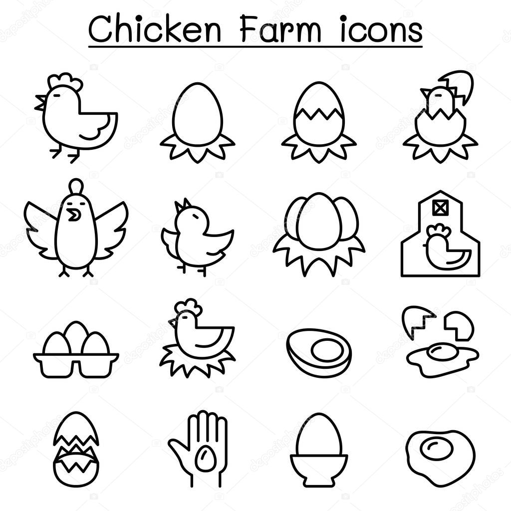 Egg & Chicken farm icon set in thin line style