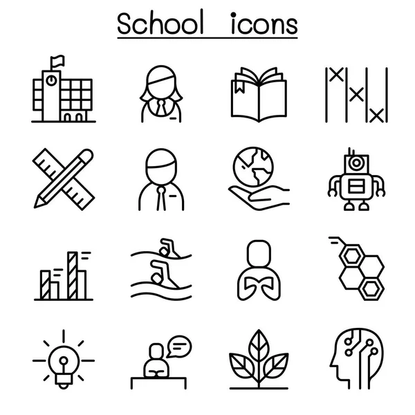 İnce çizgi stili içinde okul, eğitim ve eğitim Icon set — Stok Vektör
