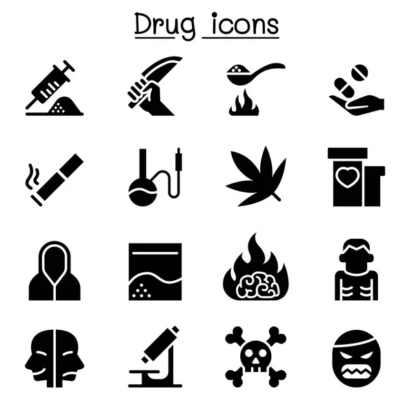 Adicción & icono de drogas conjunto vector ilustración diseño gráfico — Vector de stock