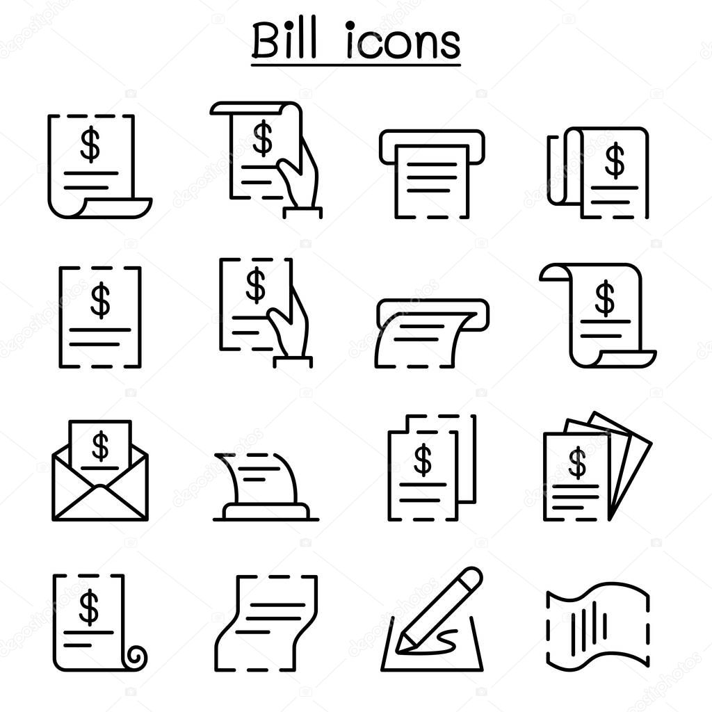 bill, receipt, invoice, contract icon set in thin line style