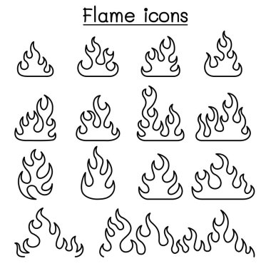 İnce çizgi stili içinde ateş ve alev Icon set
