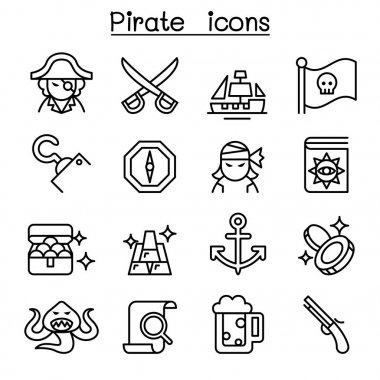 İnce çizgi stilinde korsan Icon set