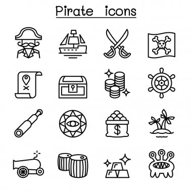 İnce çizgi stilinde korsan Icon set