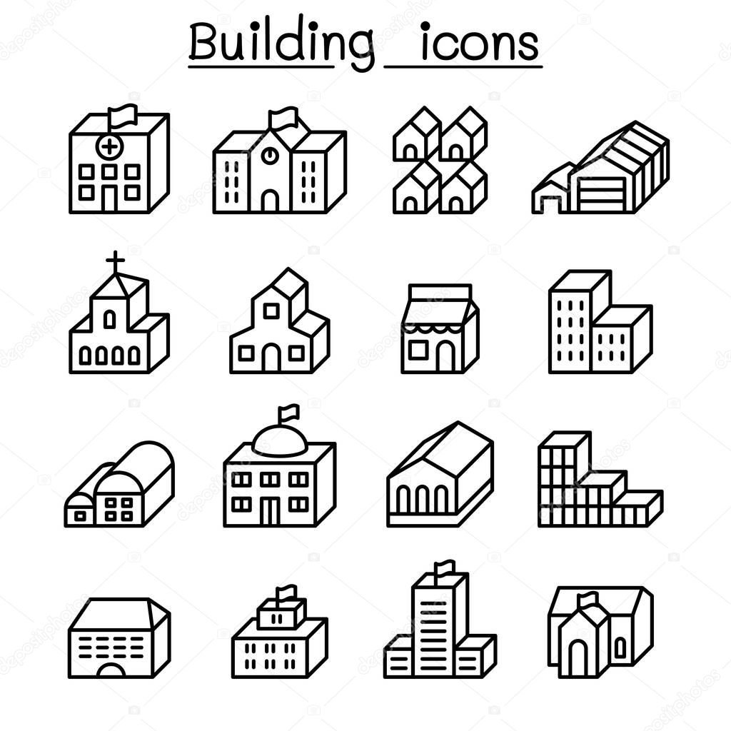 Basic building in 3 dimension icon set thin line style