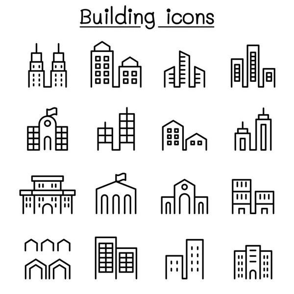 Gebouw pictogrammenset in dunne lijnstijl — Stockvector