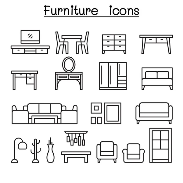 İnce çizgi stili temel mobilya Icon set — Stok Vektör