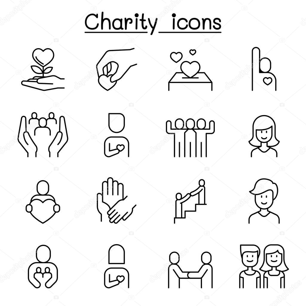 Charity, Kindness, Friendship, care icon set in thin line style