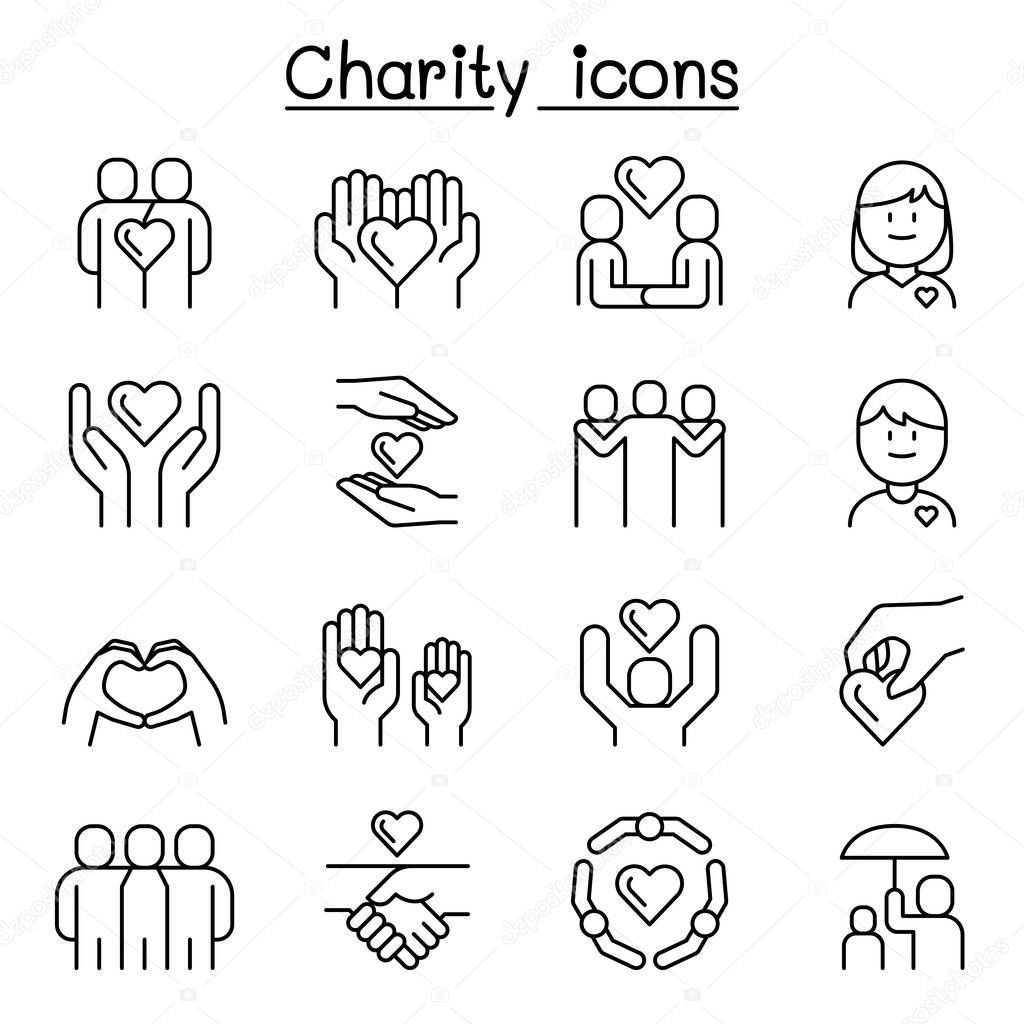 Charity, volunteer, friendship, helping icon set in thin line style