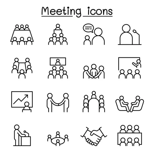 Reunión, conferencia, seminario, icono de cepillado establecido en estilo de línea delgada — Archivo Imágenes Vectoriales