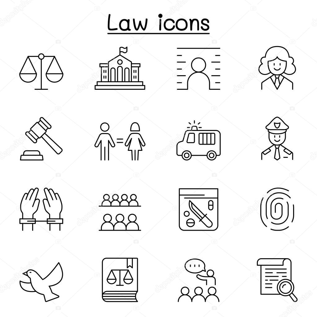 Law & Justice icon set in thin line style