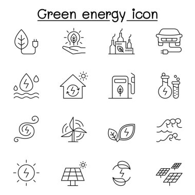 İnce çizgi stilinde yeşil enerji Icon set