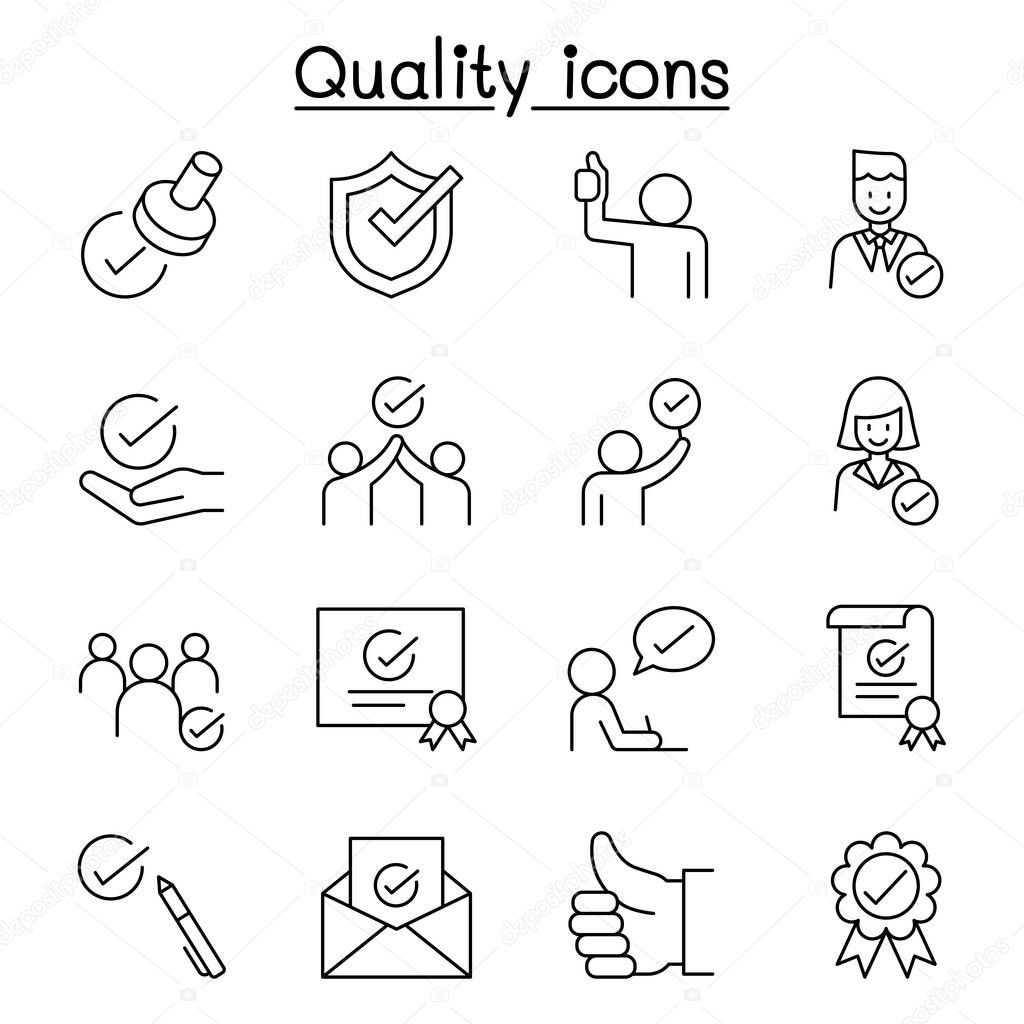 Quality, Approved, Check mark icons set in thin line style