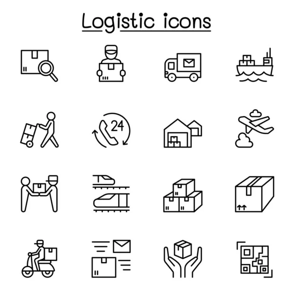 Icônes de logistique et de livraison dans un style de ligne mince — Image vectorielle