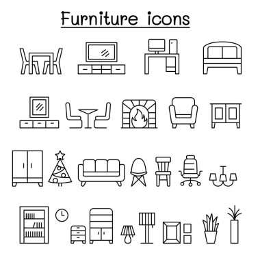 İnce çizgi stili mobilya Icon set