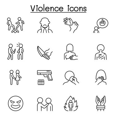 Violence, human trafficking, abuse, sexual harassment icon set in thin line style clipart