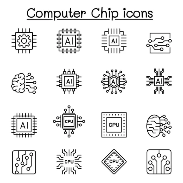 Τσιπ Υπολογιστών Και Ηλεκτρονικό Κύκλωμα Εικονίδια Στο Στυλ Λεπτή Γραμμή — Διανυσματικό Αρχείο