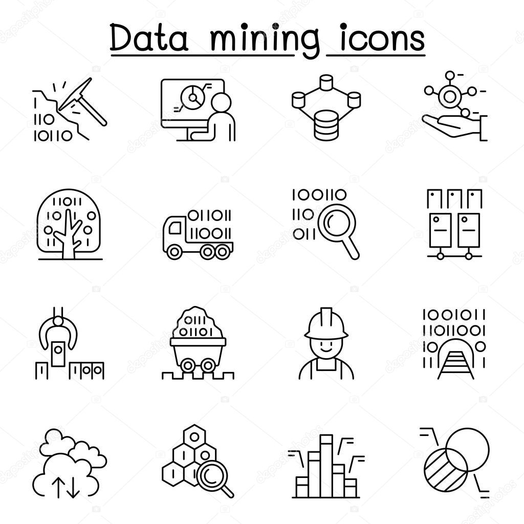 Data mining, big data, data warehouse icon set in thin line style
