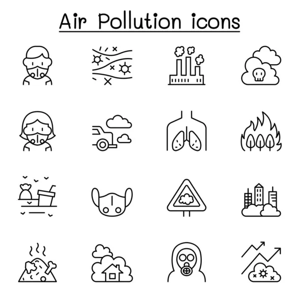 Ikona Zanieczyszczenia Powietrza Ustawiona Cienkim Stylu Linii — Wektor stockowy