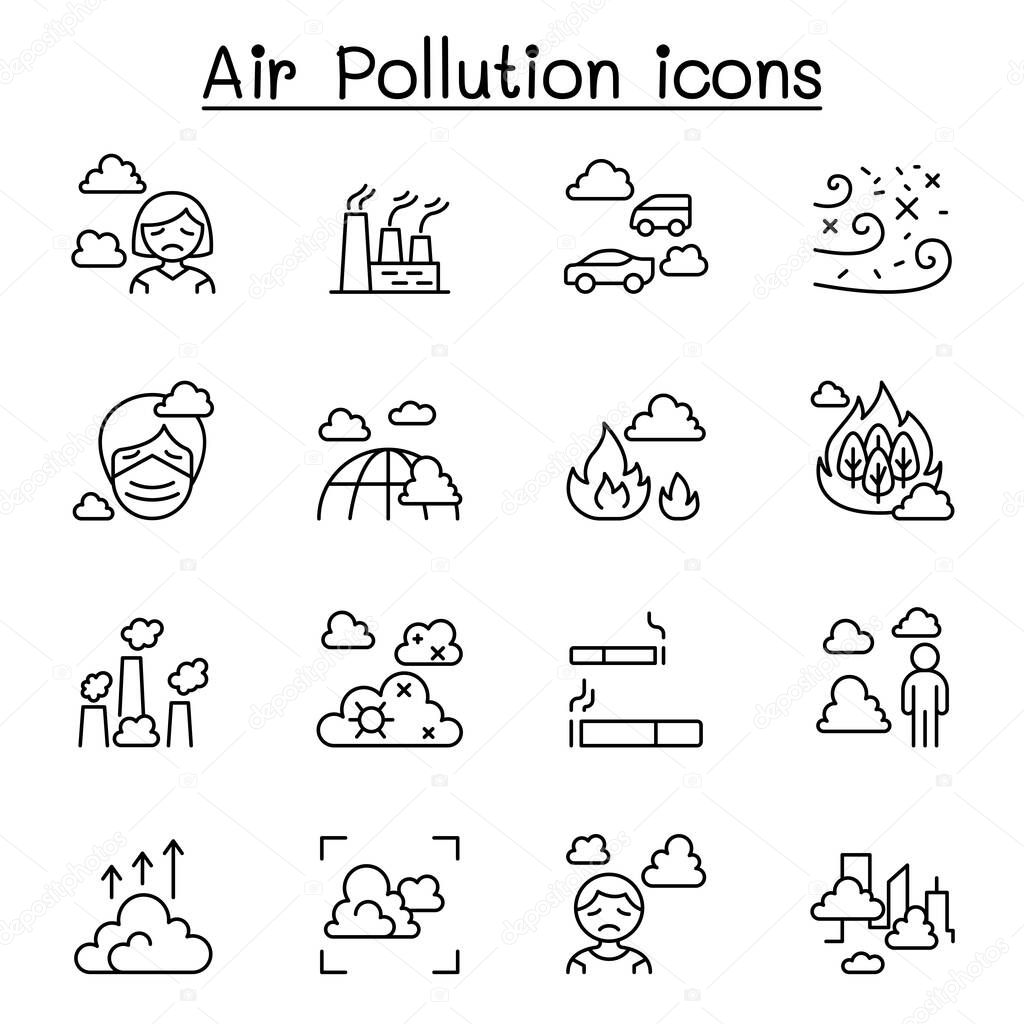 Air pollution, virus crisis, covid-19, corona virus icon set in thin line style