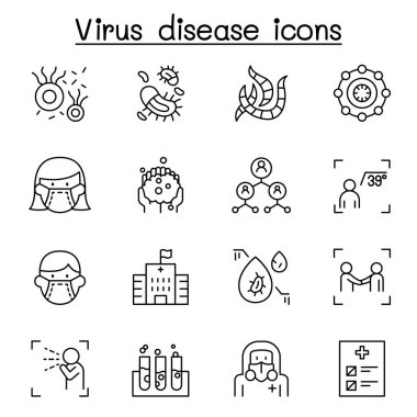 Virüs hastalığı, Covid-19, Corona virüsü ikonu ince çizgi şeklinde ayarlandı