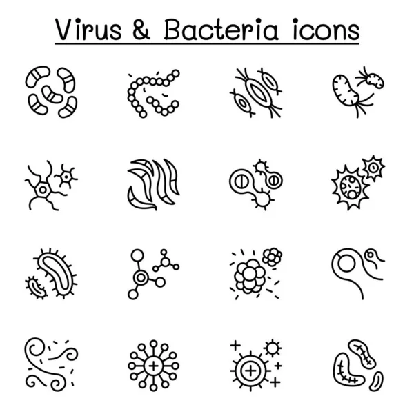 Virus Bactéries Icône Covid Ensemble Dans Style Ligne Mince — Image vectorielle