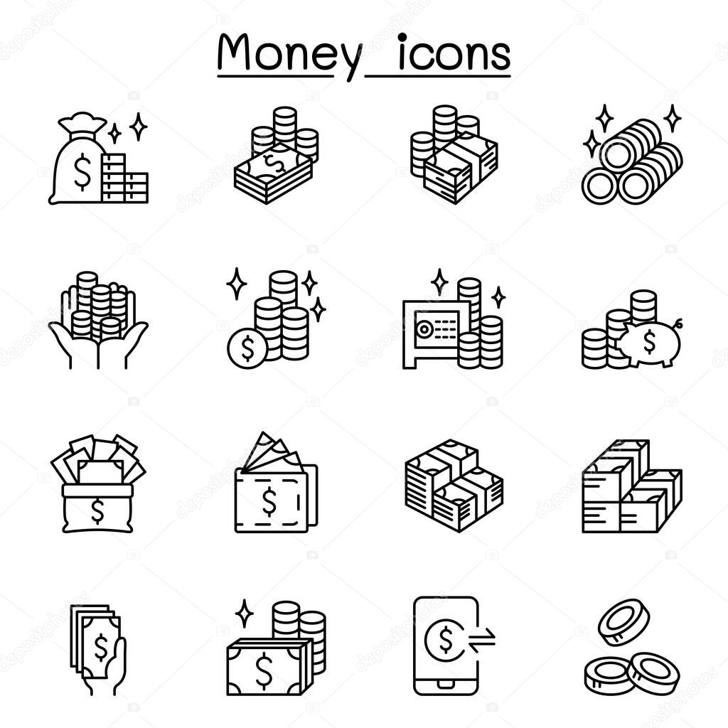 Money, cash, currency & coin icons set in thin line style