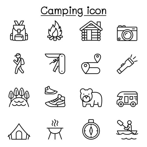 Iconos Camping Establecidos Estilo Línea Delgada — Vector de stock