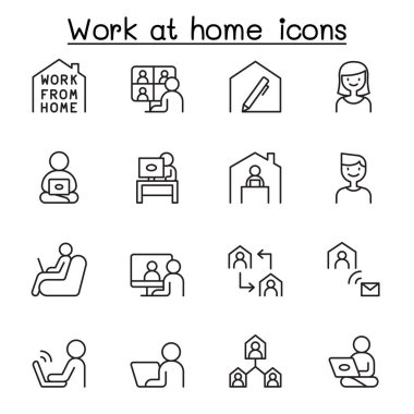 Ev çizgisi simgelerinde çalışmak. iş adamları, video konferansı, çevrimiçi toplantı, iş adamları, serbest çalışma, evde kalma kampanyası ve daha fazlası gibi simgeleri içerir.