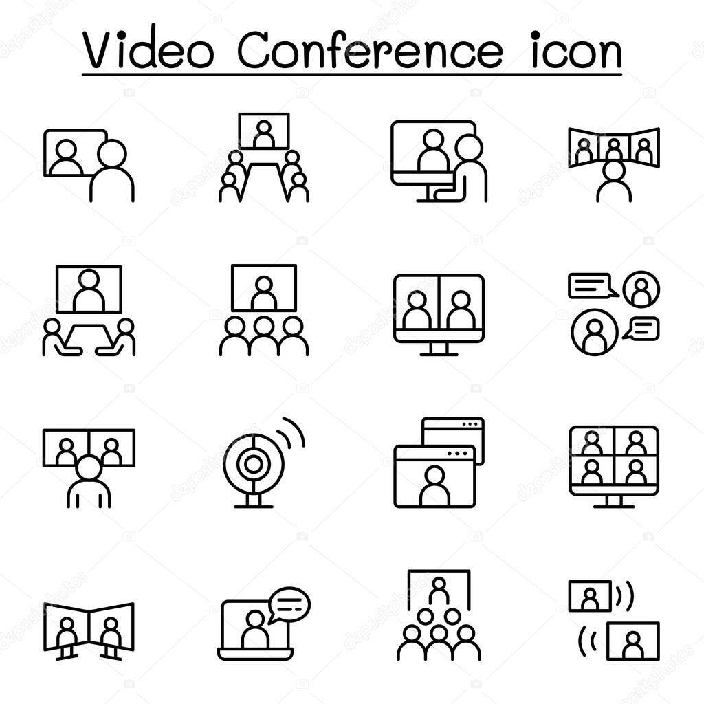 Set of Video conference line Icons. Contains such Icons as online meeting, business communication, team, classroom, online education, presentation, work from home and more. Vector illustration graphic design 