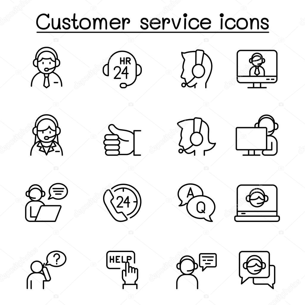 Set of Customer service related vector line icons. contains such Icons as support, call center, headset, operator, solve problem, helping and more