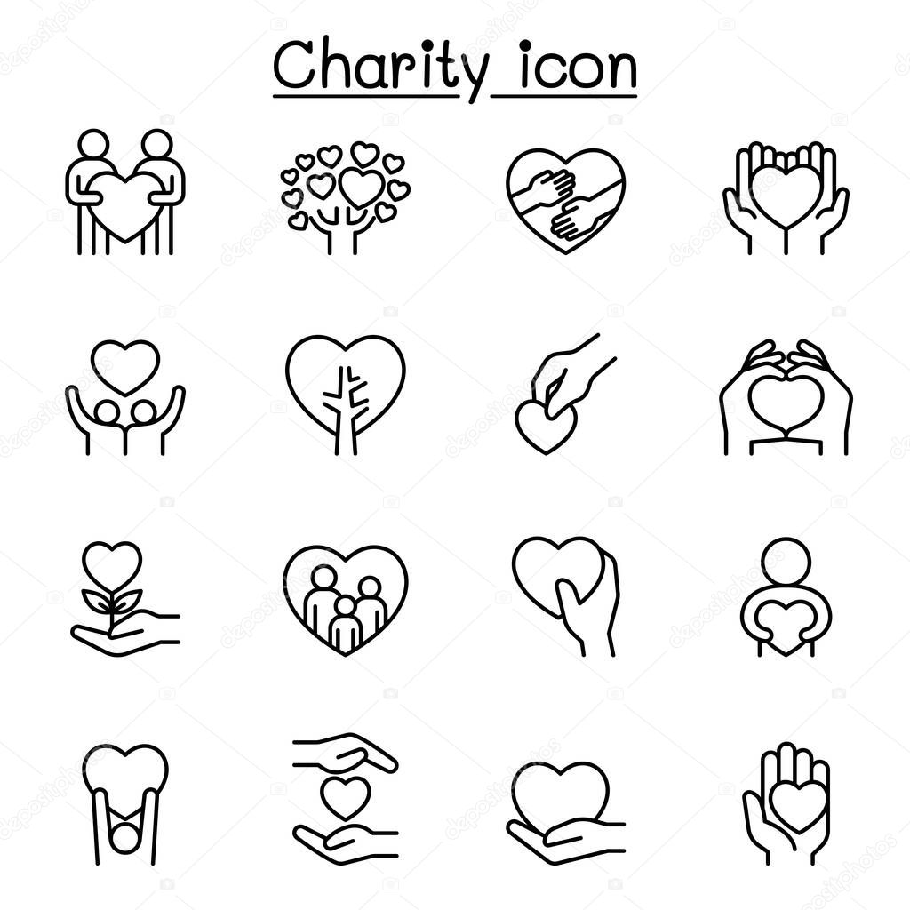 Set of Donation & Charity related vector line icons. contains such Icons as kindness, fundraiser, volunteer, support, heart, helping, care, give, hope, friendship, hug, protect and more