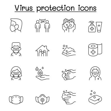 Virüs koruma çizgisi simgeleri. Sosyal uzaklık, maske, el yıkama, evde kalma gibi simgeler içerir.. 