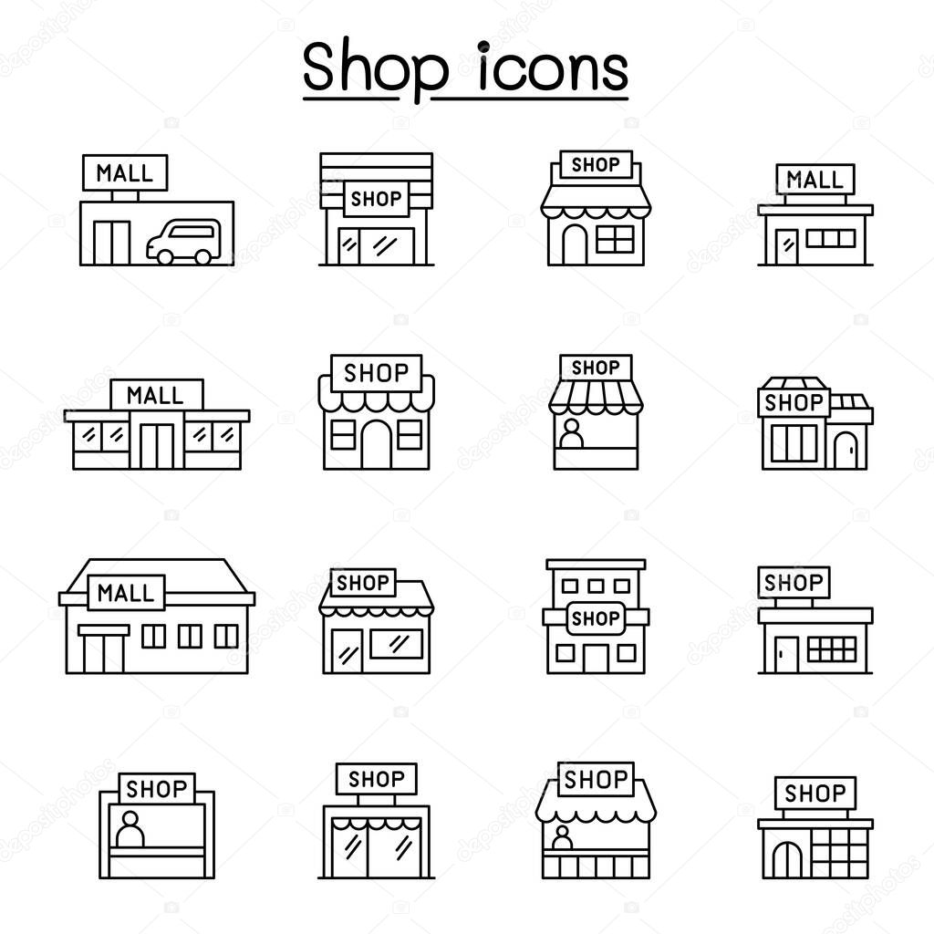 Set of shop line icons. contains such Icons as, supermarket, shopping mall, hypermarket, store and more.