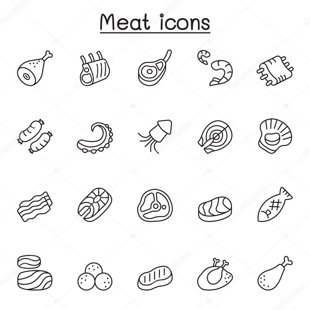 Meat, pork, beef, seafood icons set in thin line style