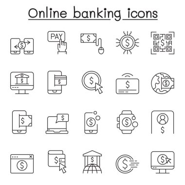 Çevrimiçi bankacılık simgeleri ince çizgi biçiminde ayarlandı