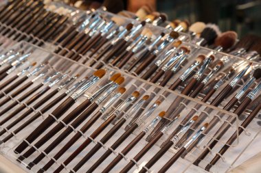 Tezgahta bir sürü profesyonel makyaj fırçası var.