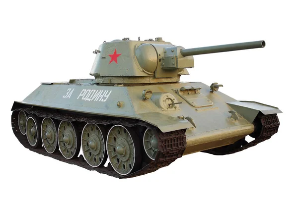 Tanque soviético T-34 isolado em fundo branco. Inscrição na armadura "Pela Pátria" em russo — Fotografia de Stock