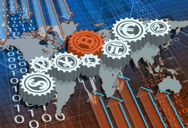 İş geçmişi ile harita ve bitcoin de dahil olmak üzere dünya birimlerinin sembollerle
