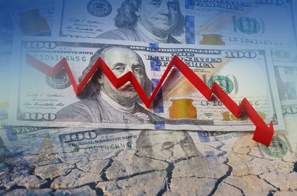 Americký dolar, finanční krize v červenou šipkou. Koncept ilustrace — Stock fotografie