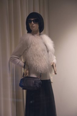 Vitrin içinde güneş gözlüklü kadın manken